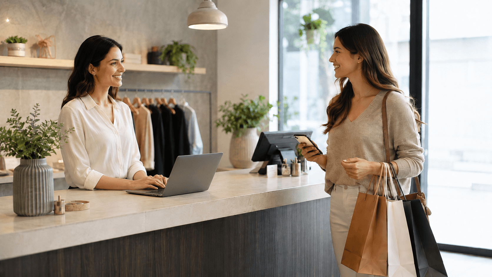 Atendimento no balcão com cliente usando o celular