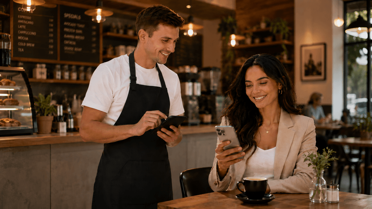 Mulher sorrindo enquanto usa o celular com o Pontua Clube