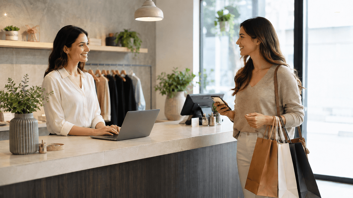 Atendente conversando com uma cliente em uma loja